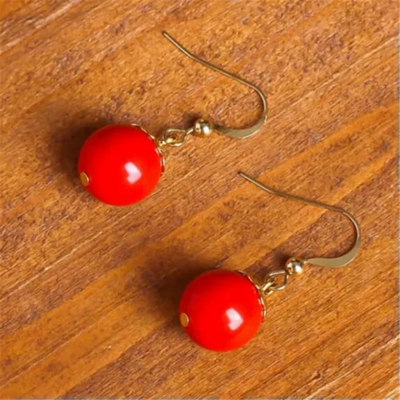 K-KED Natural 10mm Red South Sea Coral Round Gemstone Beads Hook Dangle Earrings