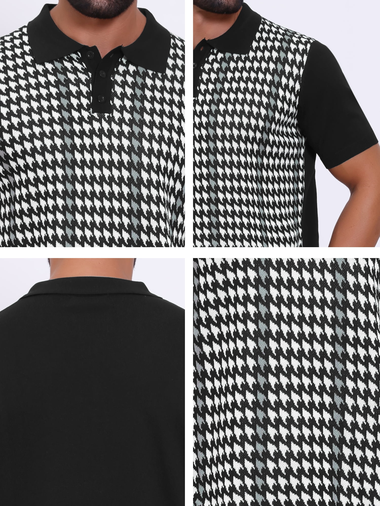 DARING DIVA Men's Houndstooth Summer Short Sleeve Casual Knit Polo Shirt M Black White