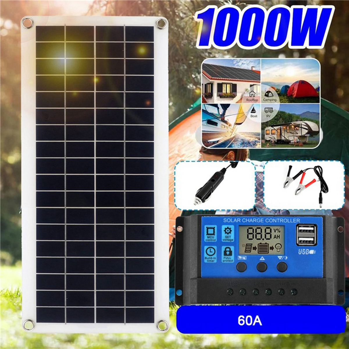2X 1000W Solar Panel 12-18V Solar Cell Solar Panel for Phone RV Car MP3 PAD Charger Outdoor Battery Supply B