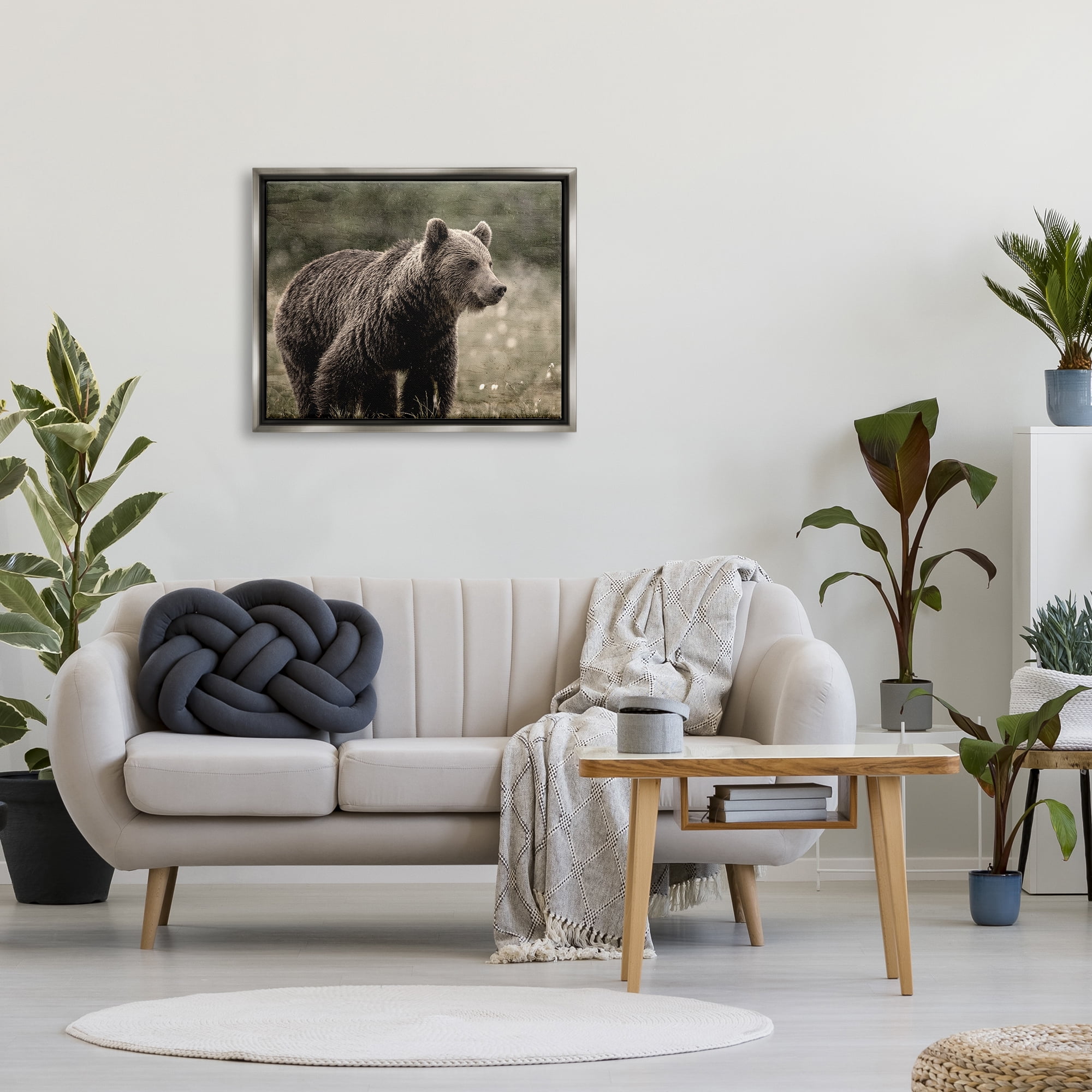 Stupell Industries Brown Bear Wildlife Animals & Insects Painting Gray Floater Framed Canvas Art Print Wall Art, 31 x 25