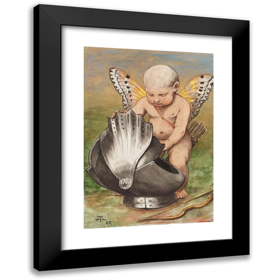 Hans Thoma 11x14 Black Modern Framed Museum Art Print Titled - Cherub with Helmet (1889)
