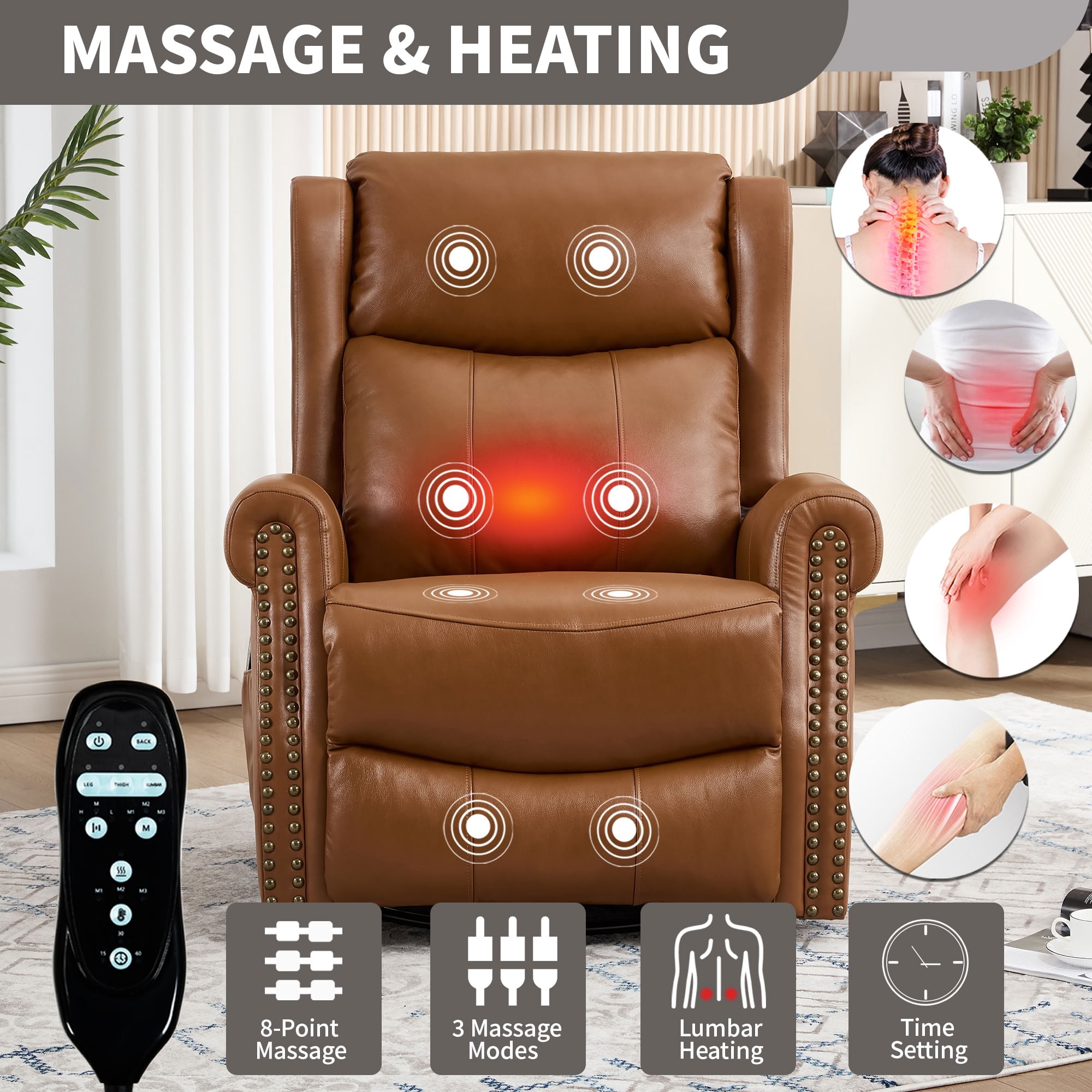 MAYEERTY 360 Degree Swivel Rocker Recliner Chair, Genuine Leather Manual Recline Glider Armchair with 8-Point Vibration Massage & Lumbar Heat, for Living Room Home Theater