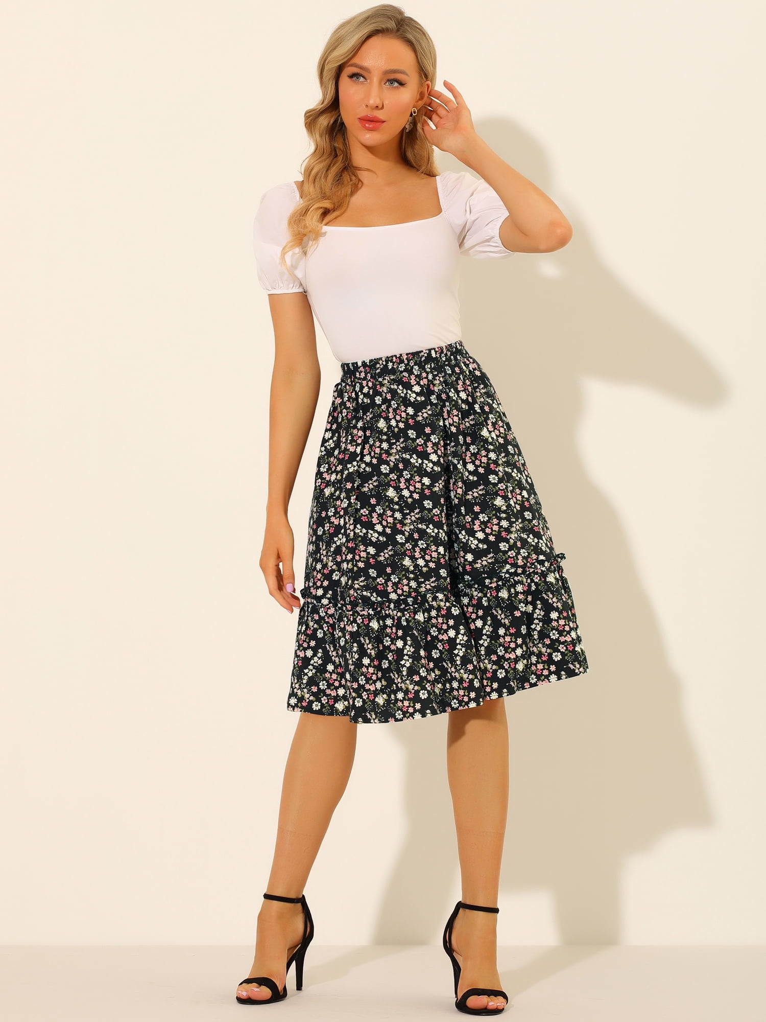 DARING DIVA Women's Flowy Ruffle Hem Tiered Floral Midi Skirt 2XL Black