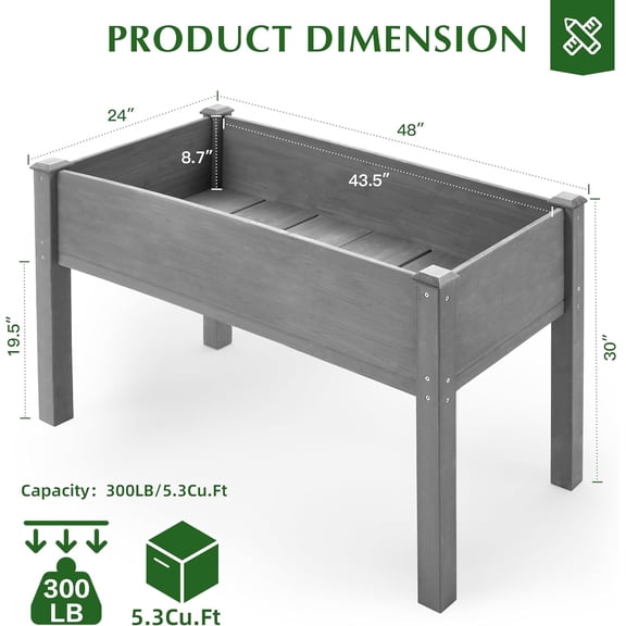 Raised Garden Bed with Legs, 48x24x30'', Outdoor Wood Elevated Planter Box, Thick Legs, w/Liner$$Garden & Patio