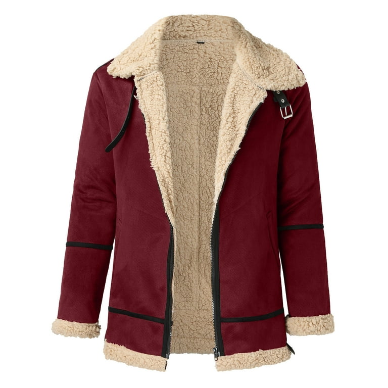 Red Mens Jacket Men Autumn and Winter Plus Size Coat Lapel Collar Long Sleeve Padded Leather Jacket Vintage Thicken Coat Sheepskin Jacket, Men's, Size