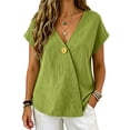 thumbnail image 2 of MEICHEN Women's Cotton Linen T Shirt Short Sleeve Wrap Style V Neck Top Casual Loose Fit Top Womens Summer Essentials Tops, 2 of 9