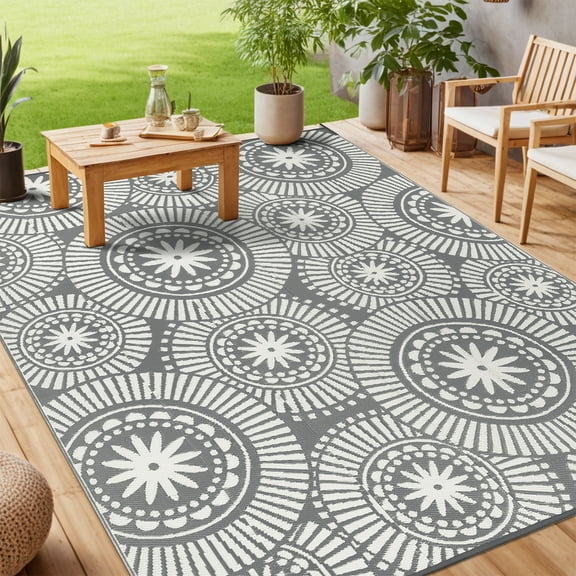 Ileading High Quality Plastic Straw Reversible Outdoor Rugs Waterproof Floral Carpet for RV, Patio, Deck, Camping