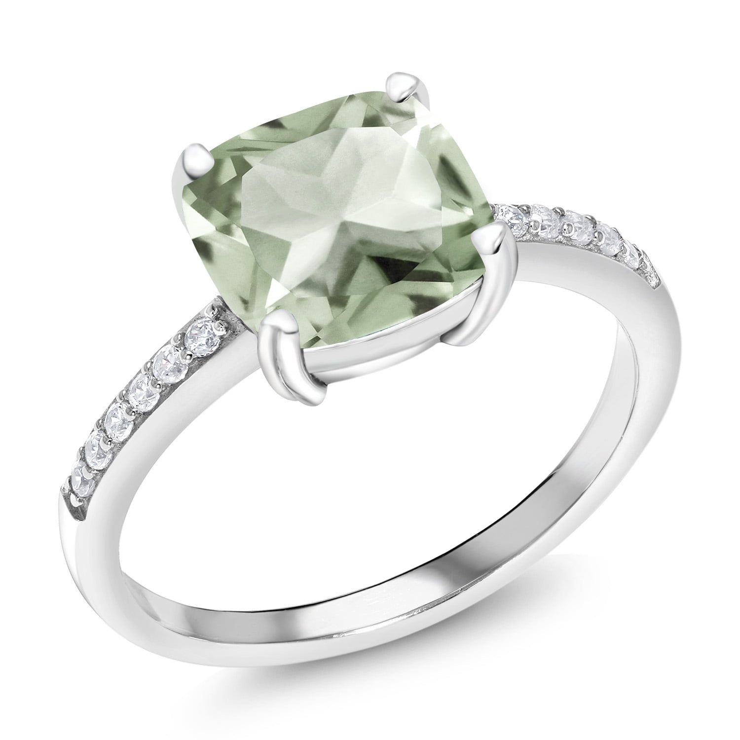 Gem Stone King 2.17 Cttw Green Prasiolite Engagement Ring for Women in 925 Sterling Silver | Cushion Cut 8MM | Gemstone Birthstone | Available in Size 5, 6, 7, 8, 9