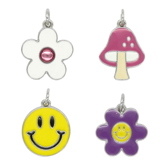 Enamel Flower - Smile & Mushroom Charm Mix by Bead Landing - Charms for DIY Jewelry Making - Necklaces - Bracelets & Keychains - 12 Pack
