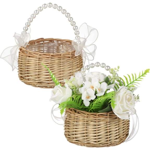 2 PCS Wicker Rattan Flower Girl Basket,Handwoven Small Wicker Basket with Pearl Handle,Wicker Rattan Lightweight Floral Baskets for Gardening Festival Parties