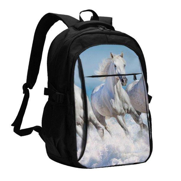 Easygdp Horses Running Through The Water Mochila para Laptop de Viaje con Puerto USB, Mochila para Laptop con Puerto de Carga USB para Mujeres y Hombres