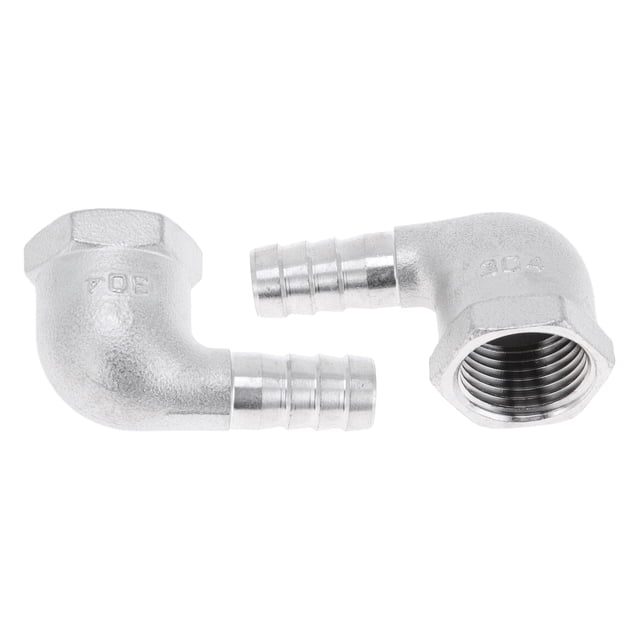 Accesorios de manguera en forma de espina de acero inoxidable 304 Unique Bargains 15/32" OD 1/2" BSPT conector de codo de 90 grados para aire, agua, aceite, gas, combustible, 2 piezas tono plateado