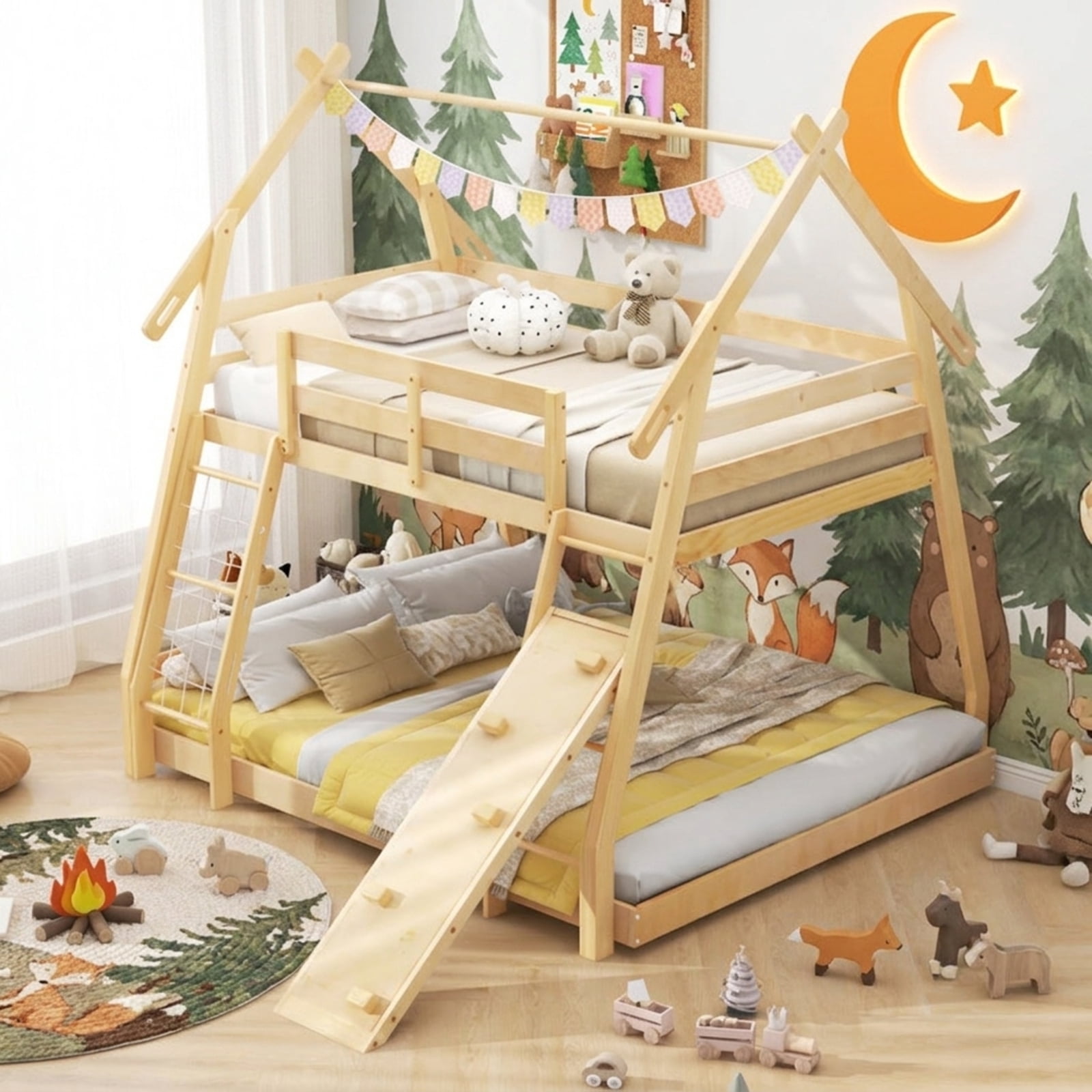 Furnibear Twin Over Queen Bunk Bed Wooden Kids Bed Frame with Climbing Nets Ramp and House Roof for Kids Bedroom, Natural
