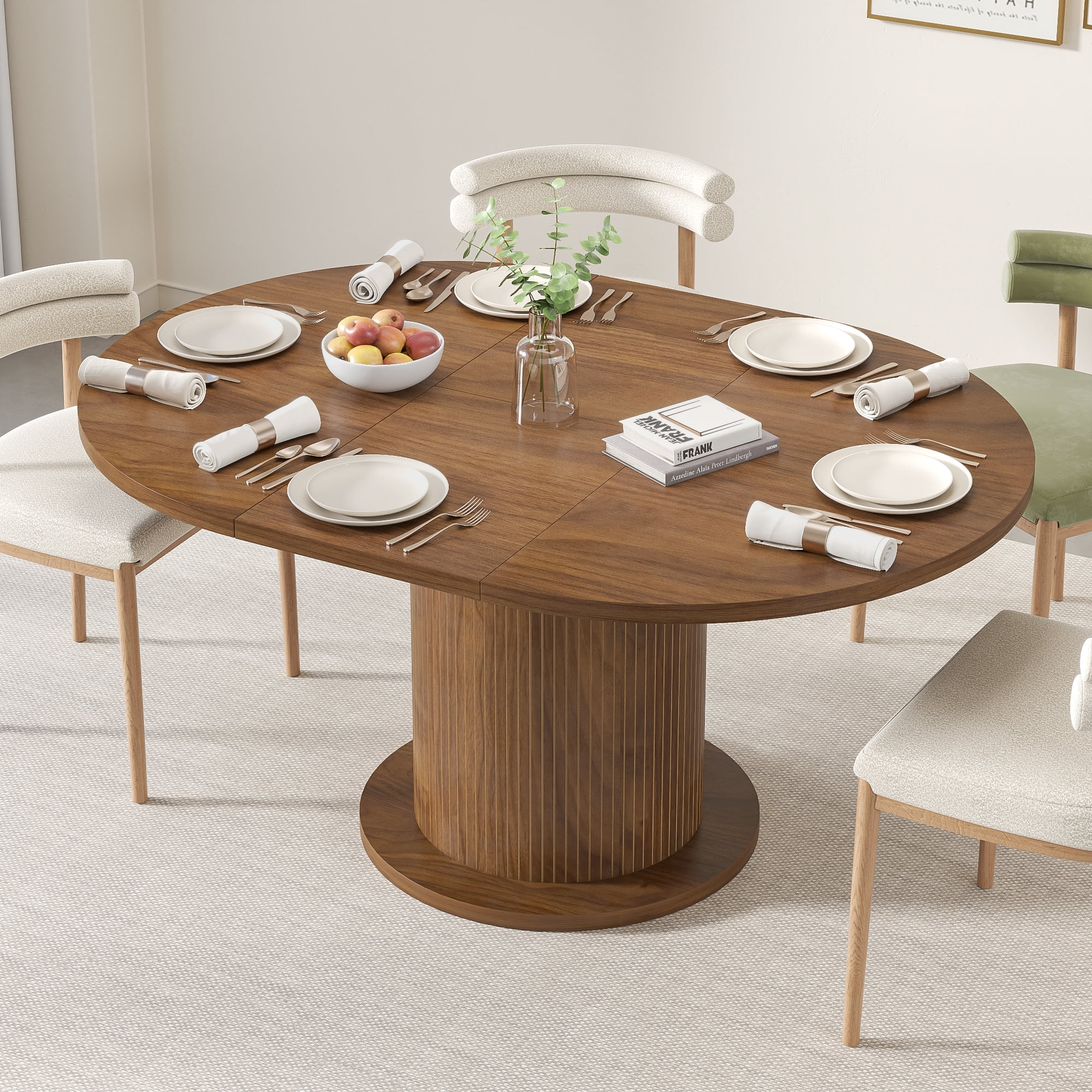 Round Dining Table for 4-6 People, 43.3“-59“Extendable Round Kitchen Dining Table with Pedestal Base, Walnut