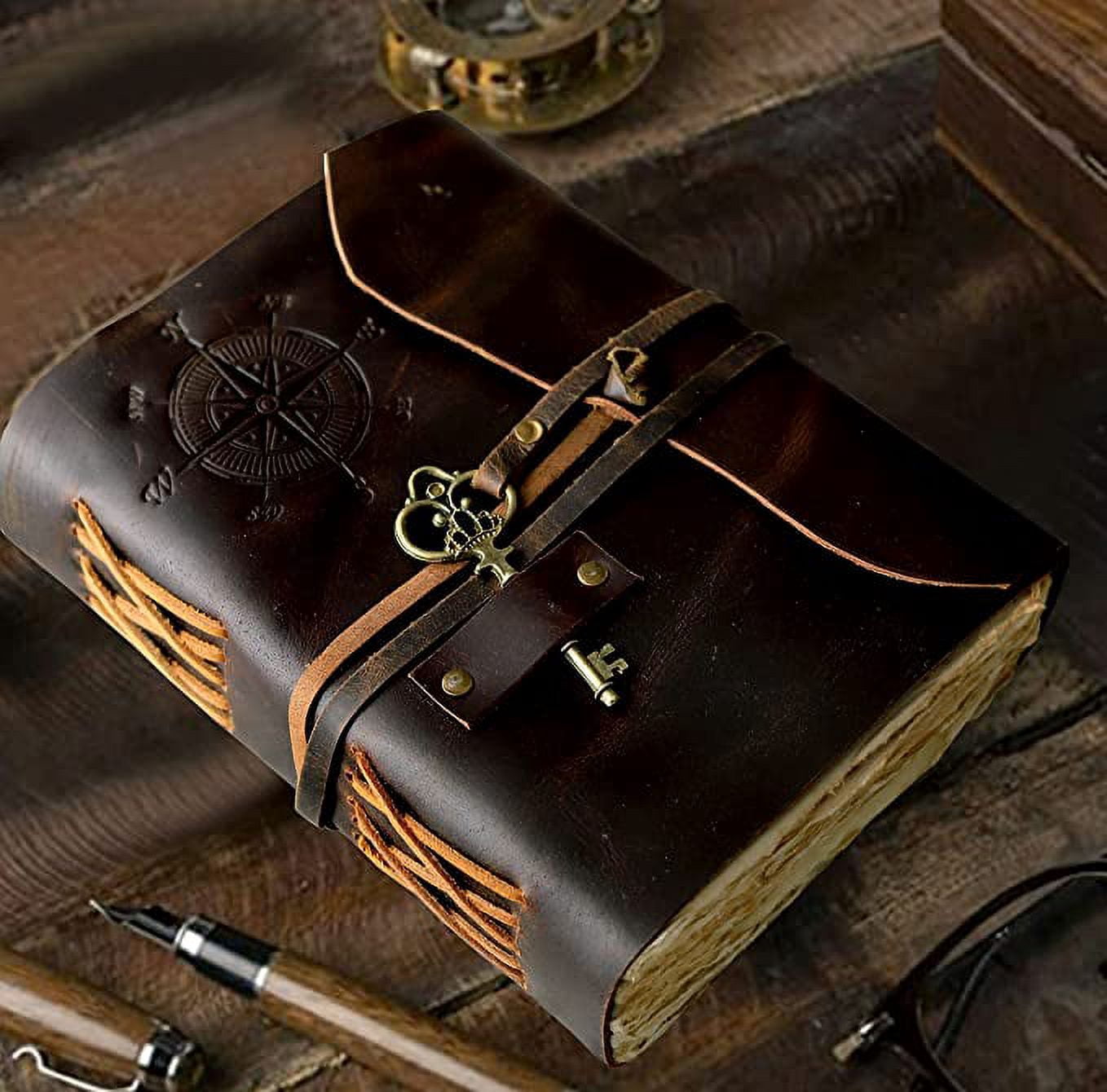 RUZIOON Antique Handmade Compass Vintage Leather Journal - Bound Journal With Deckle Edge Paper Diary - Leather Sketchbook - Drawing Journal Notebook - Great Gift Men And Women (6X8 Inch)