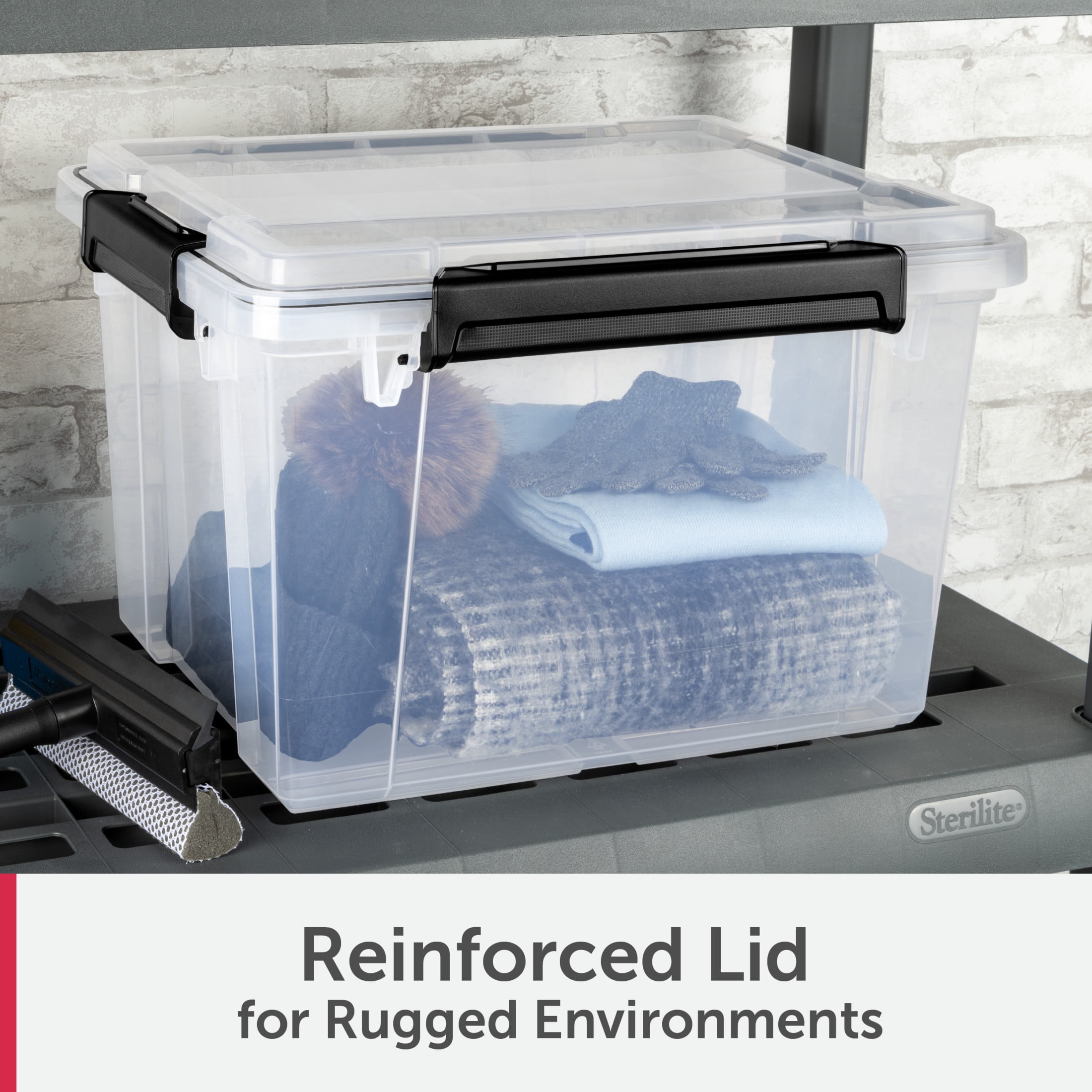 Sterilite Gasket Box, 34 Quart IP68 WaterProof Clear Plastic Storage Bin with Lid, Gasket Seal and Durable Latches, Black