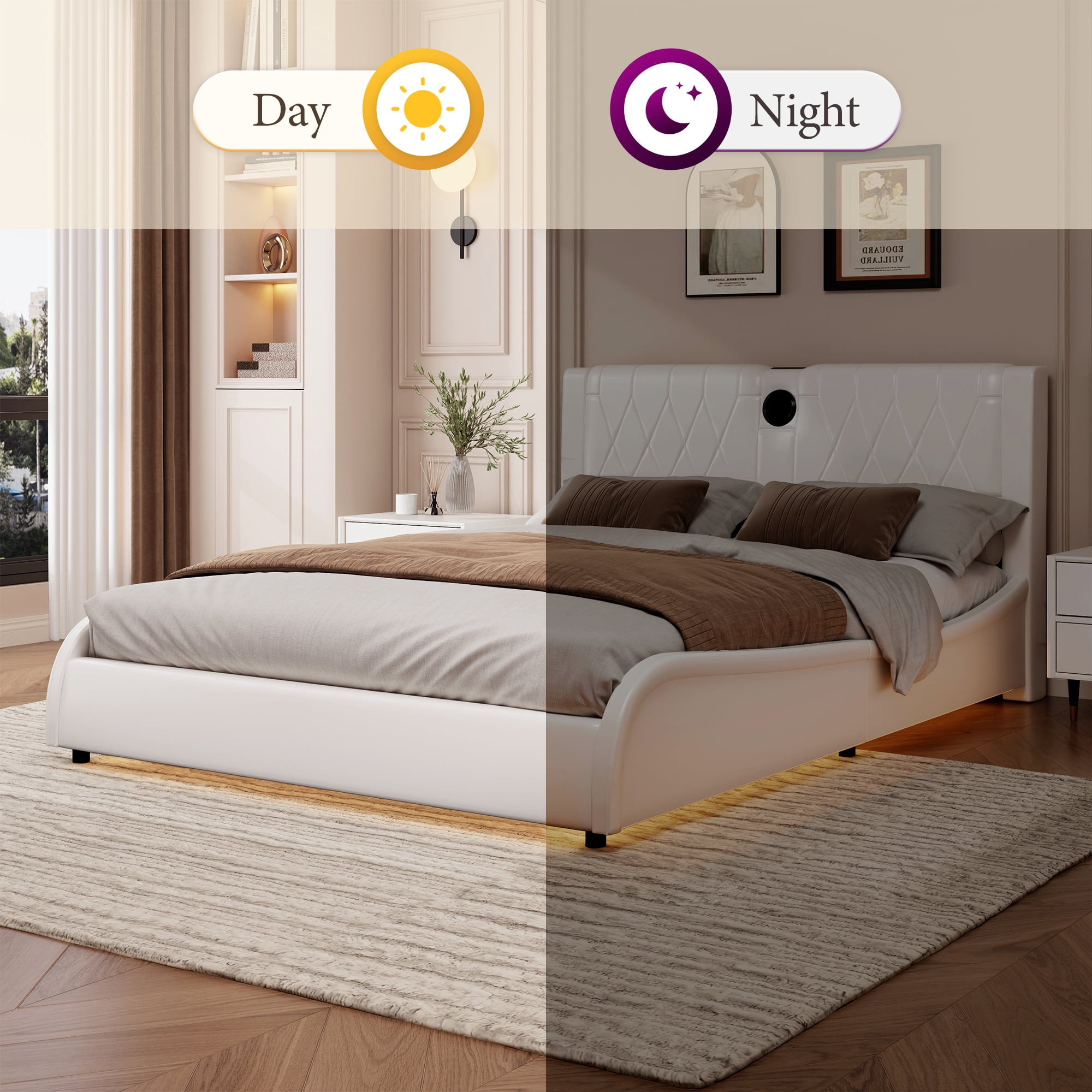 MAYEERTY Queen Faux Leather Platform Bed Thick Headboard Bluetooth RGB for Bedroom White