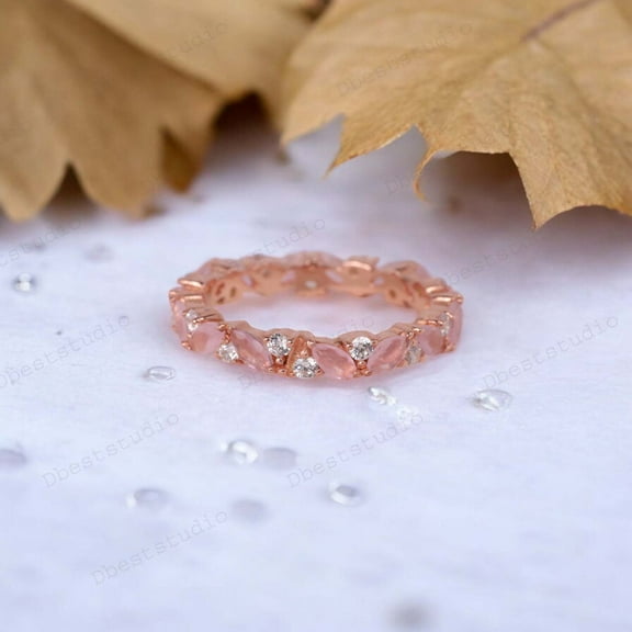 Rose Quartz Dimaond Full Eternity Band Bridsal Matching Gold Band Art Deco Stackable Jewelry Anniversary Proposal Gift For Love