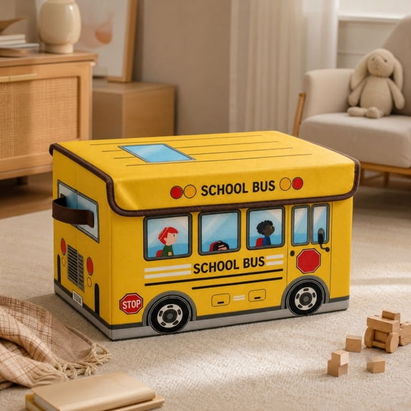 School Bus Treasure Box for Classroom, Foldable Chest Storage Box with Lid, Teachers Students Toy Chest, Kids Prizes Awards for Bedroom Playroom Basket,Yellow