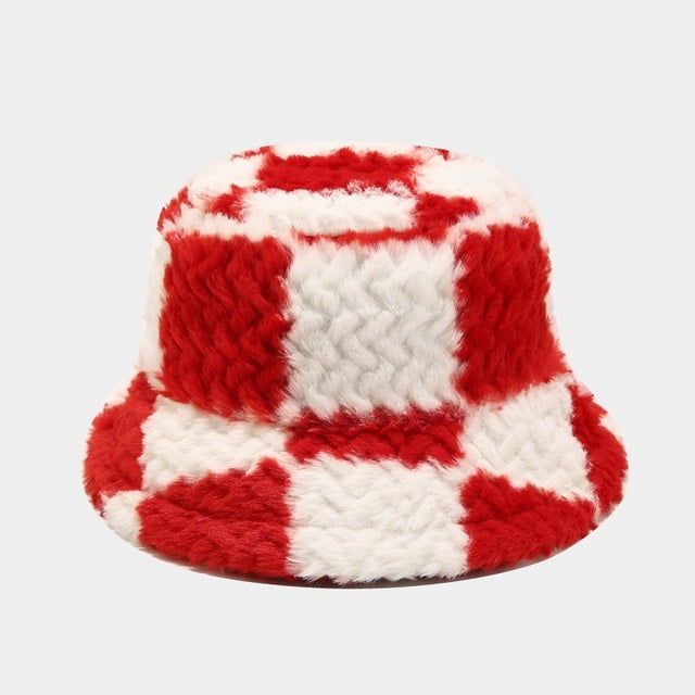 Pikadingnis Plaid Lamb Faux Fur Bucket Hat Winter Warm Velvet Hats for Women Lady Thicken Bob Panama Outdoor Fisherman Hats Caps Girls, Adult Unisex