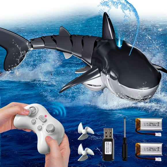 Remote Control Shark Toys for Boys Kids, 1:18 Scale High Simulation Shark for Pool, 2.4Ghz Electric RC Shark Boat Fish Toys with Light & Spray, Toy Shark Gifts for 5 6 7