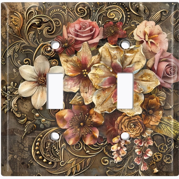 Metal Light Switch Wall Plate Outlet Cover (Printed Image of Floral Collage - Double Toggle)