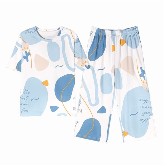 100% Cotton Women Capri Pajama Set 2 Pcs Short Sleeve Top Capris pants Sleepwear