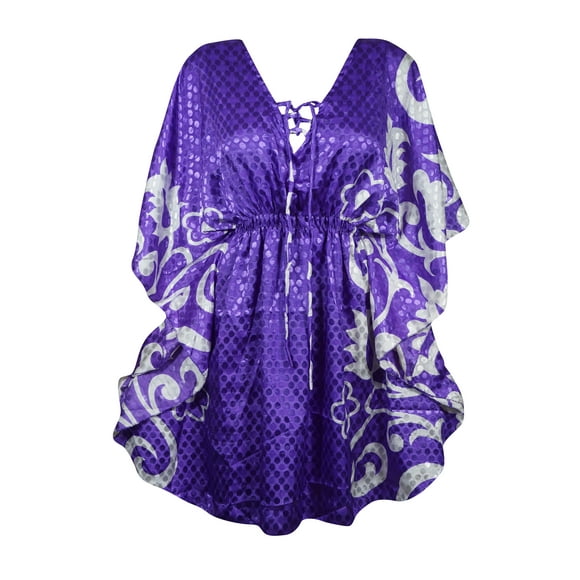 Mogul Women Blue Floral Short Kaftan Dress Deep Neck Resort Wear Bikini Cover Up Caftan 2XL