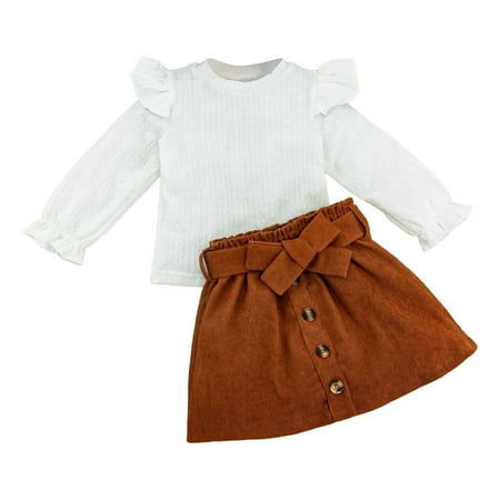 

TJAZFJPA Fourth of July Outfits for Girls Toddler Girls Long Sleeve Solid Colour Ribbed Tops Bowknot Skirt Two Piece Outfits Set for Kids Clothes Newborn Girl Photoshoot Outfits White