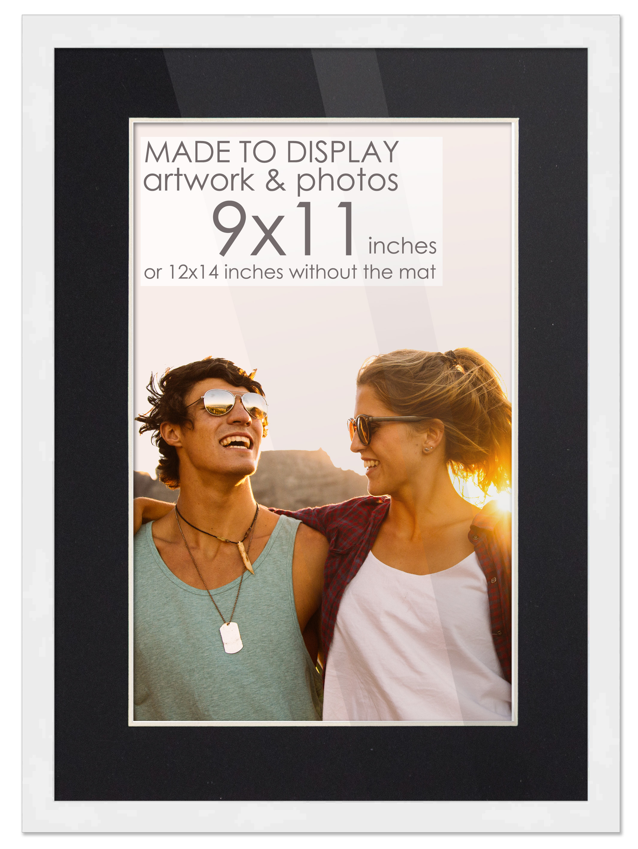 12x14 White Picture Frame with 8.5x10.5 Black Mat Opening for 9x11 Image, 0.75 Inch Border, UV