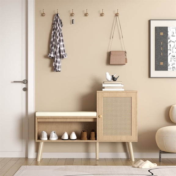 2 in 1 Shoe Storage Bench, Natural Rattan Shoe Cabinet with 2 Adjustable Shelves and Removable Cushion, Modern Entryway Bench, Shoe Storage Organizer, Shoe Rack