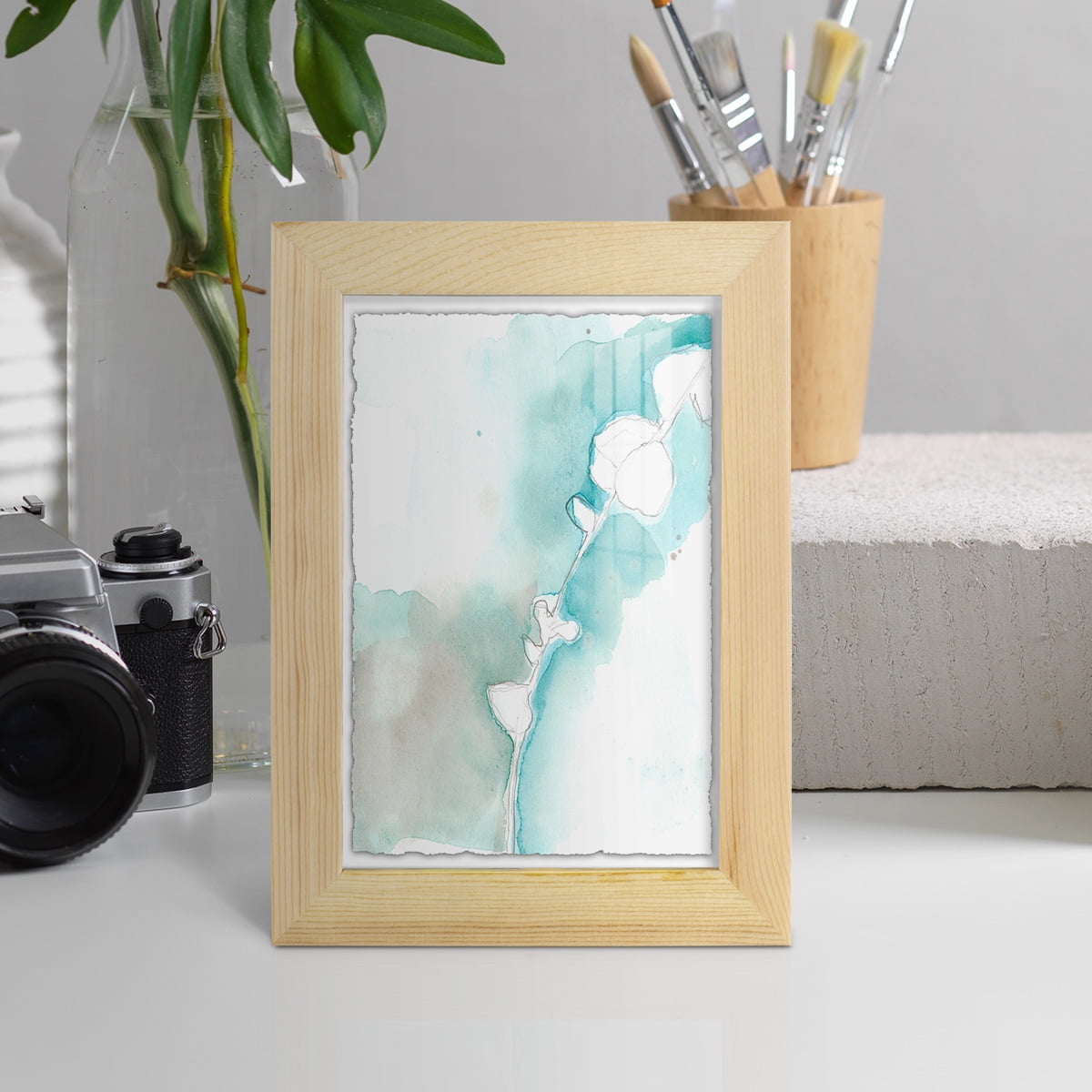 Ginkgo on Dusty Teal VII - Framed Print w/glass - Natural Wood
