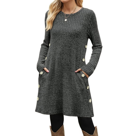 Fantaslook Long Sleeve Womens Dresses Crew Neck Buttons Tunic Sweater Dress with Pockets