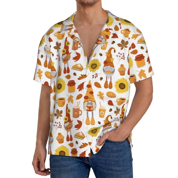 Fotbe Gnomes Autumn Harvest Camisa Estampada de Manga Corta para Hombre, Casual de Verano, Estilo Playero, Sin Arrugas-Medium