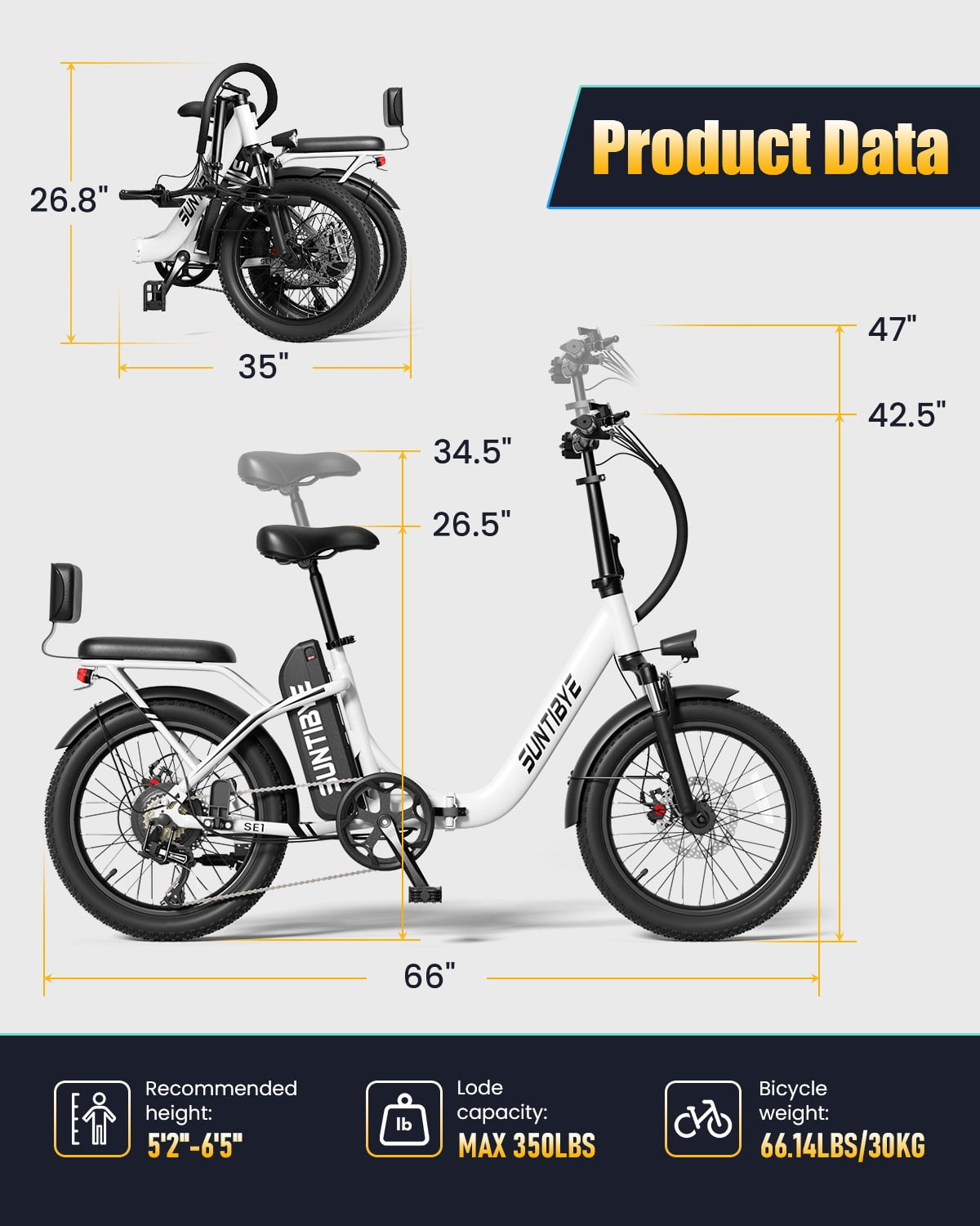 SUNTIBYE SE1 Folding Electric Bike for Adults, 1000W Motor, 28MPH, 48V 15Ah Battery, 20" Fat Tire E-Mountain Bike, UL2849, White