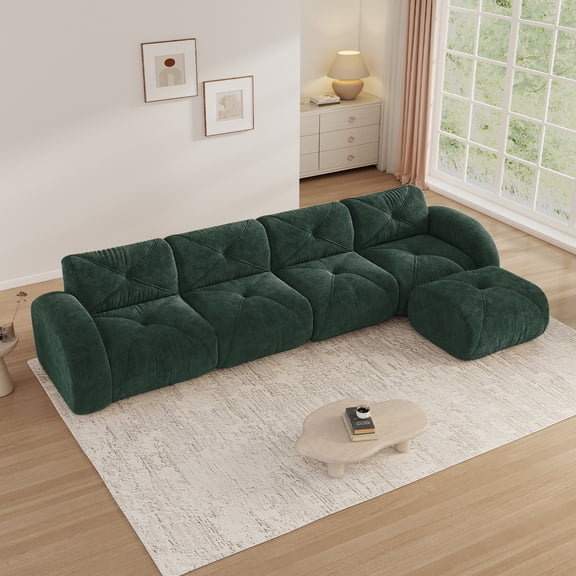 Aukfa Velvet Tufted Modular Sectional Sofa, 5-Piece 141" L-Shaped Boneles Couch with Ottoman, Green