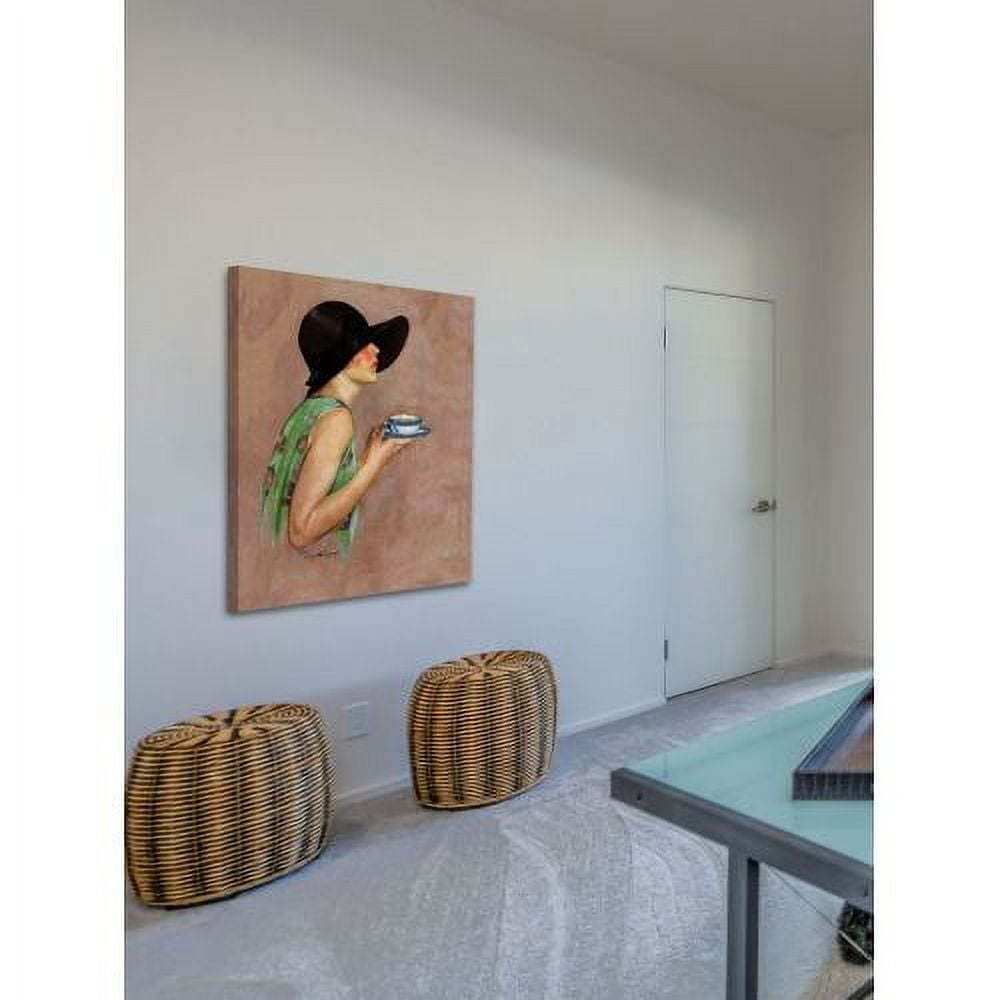 "Lady in Wide Brim Hat Holding Tea Cup" Painting Print on Canvas