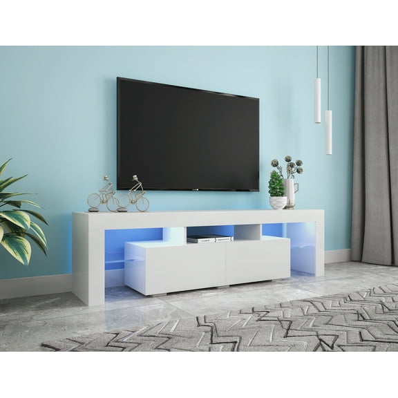Segmart TV Stand for 70 inch TVs, Modern White LED TV Stand with 16 Colors Light, TV Media Console High Gloss Entertainment Center with 2 Drawers and Open Shelves, White, S9780