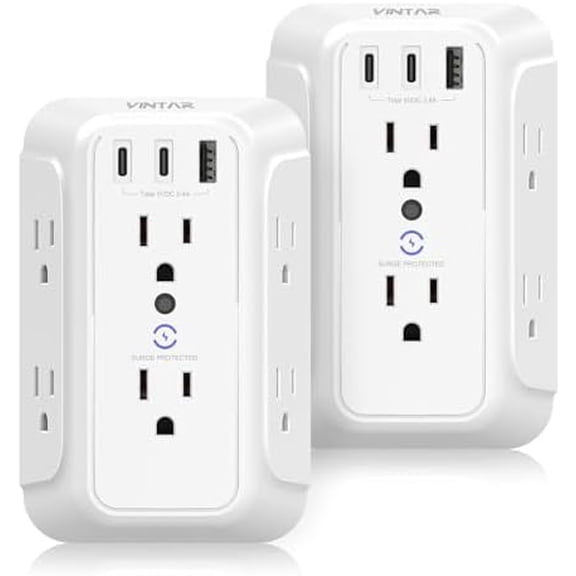 [2-] Surge Protector Outlet Extender,  6 Outlet Splitter with 3   Ports (2  C),900J Multi Plug Outlet Power Strip, 3-Sided  Wall  for  Office Dorm Room Essentials