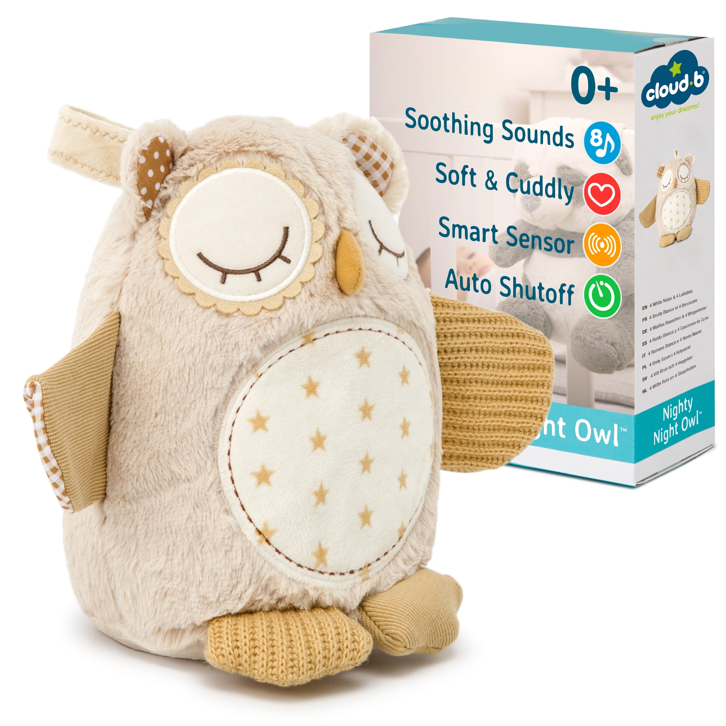 Cloud B | Nighty Night Owl Smart Sensor | Plush Soother with Soothing Sounds for Bedroom Sleep
