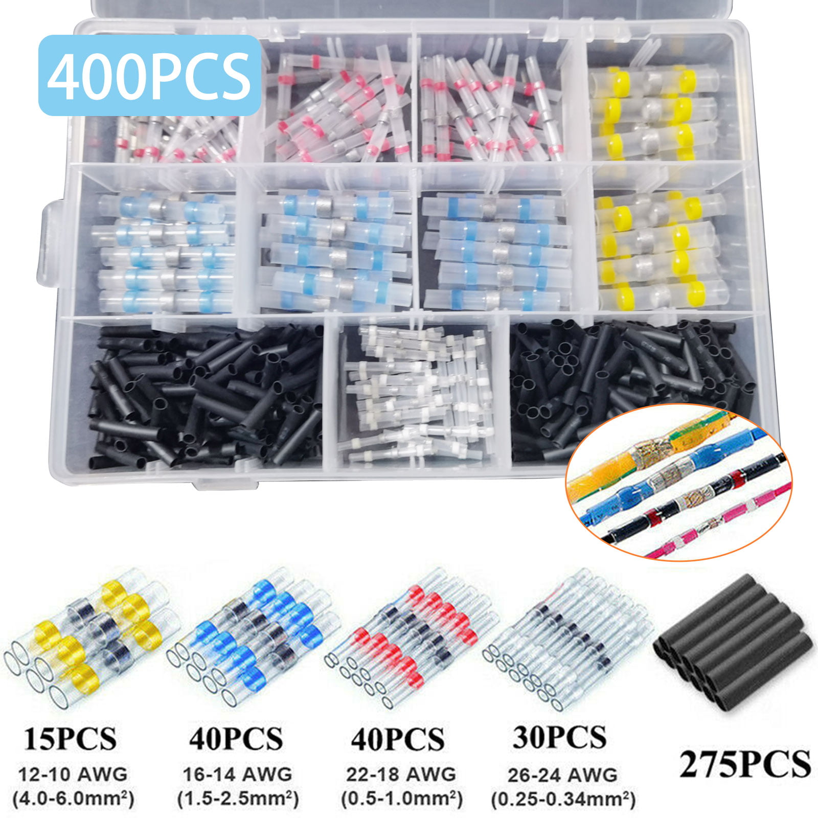 400PCS Waterproof Solder Seal Heat Shrink Wire Butt Terminal Connectors Kit Set 