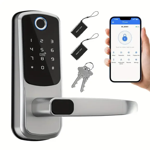 1pc Smart Keyless Entry Door Lock - Fingerprint & Passcode Keypad, App-Controlled Deadbolt with Key Card - High-Security for Home & Office