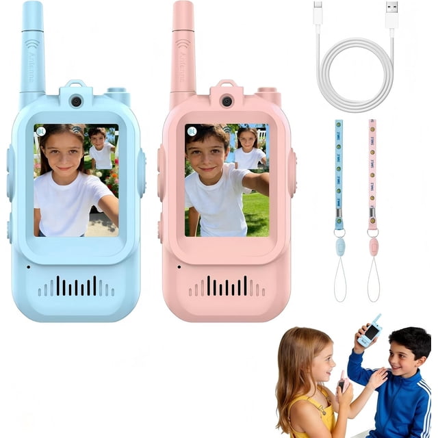 Walkie Talkie para Niños con Cámara y Pantalla LCD - 2 Pack Recargable con 6 Efectos de Voz Divertidos, Chat de Video y Mensajes, Juguete para Interior y Exterior - Regalo Ideal 3 a 12 Años