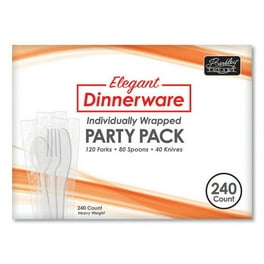 Elegant Dinnerware Heavyweight Cutlery Assortment, Individually Wrapped, 120 Forks/80 Spoons/40 Knives, White, 240/Box Elegant Dinnerware Heavyweight Cutlery Assortment, Individually Wrapped, 120 Forks/80 Spoons/40 Knives, White, 240/Box