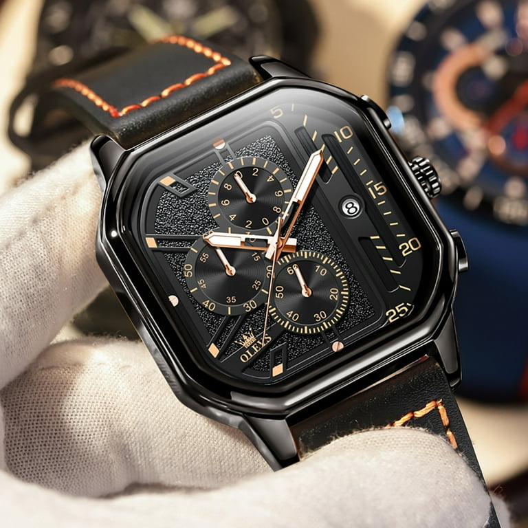 OLEVS Square Watches for Men Black Leather Chronograph Analog Quartz Dress  Watch Sports Fashion Waterproof Luminous Casual Wrist Watches Reloj para  Hombre - Walmart.com