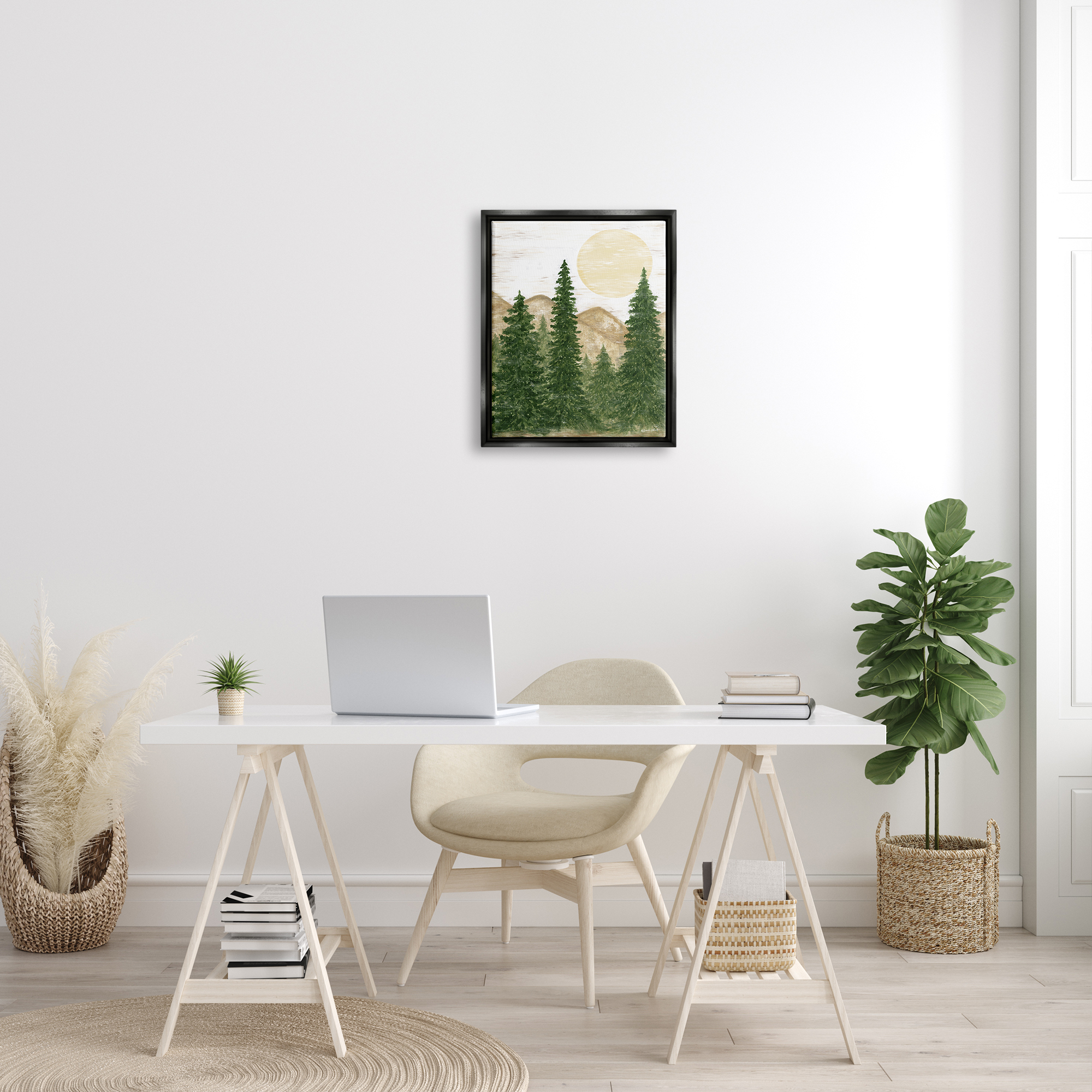 Stupell Rustic Mountain Sun Forest Trees Landscape Painting Black Floater Framed Art Print Wall Art