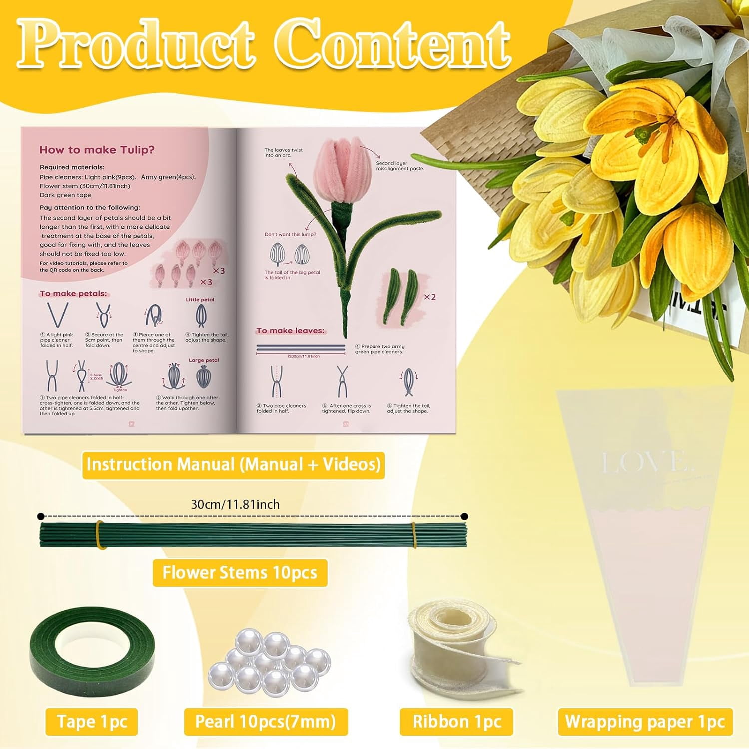150 PCS Pipe Cleaners for Craft Flowers,3 Colors Chenille Stems Bouquet Kit with Floral Wire,Tape,Ribbon,Wrapping,Bouquet Brochure for DIY Bouquets & Gifts and Arts (Yellow)