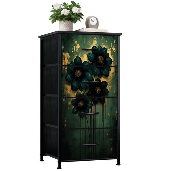Dresser for Bedroom with 4 Storage Drawers Elegant Dark Floral Teal Flowers Gold Accents Dressers Chest of Drawers Steel Framed Fabric Closet Organizers for Dorm Entryway