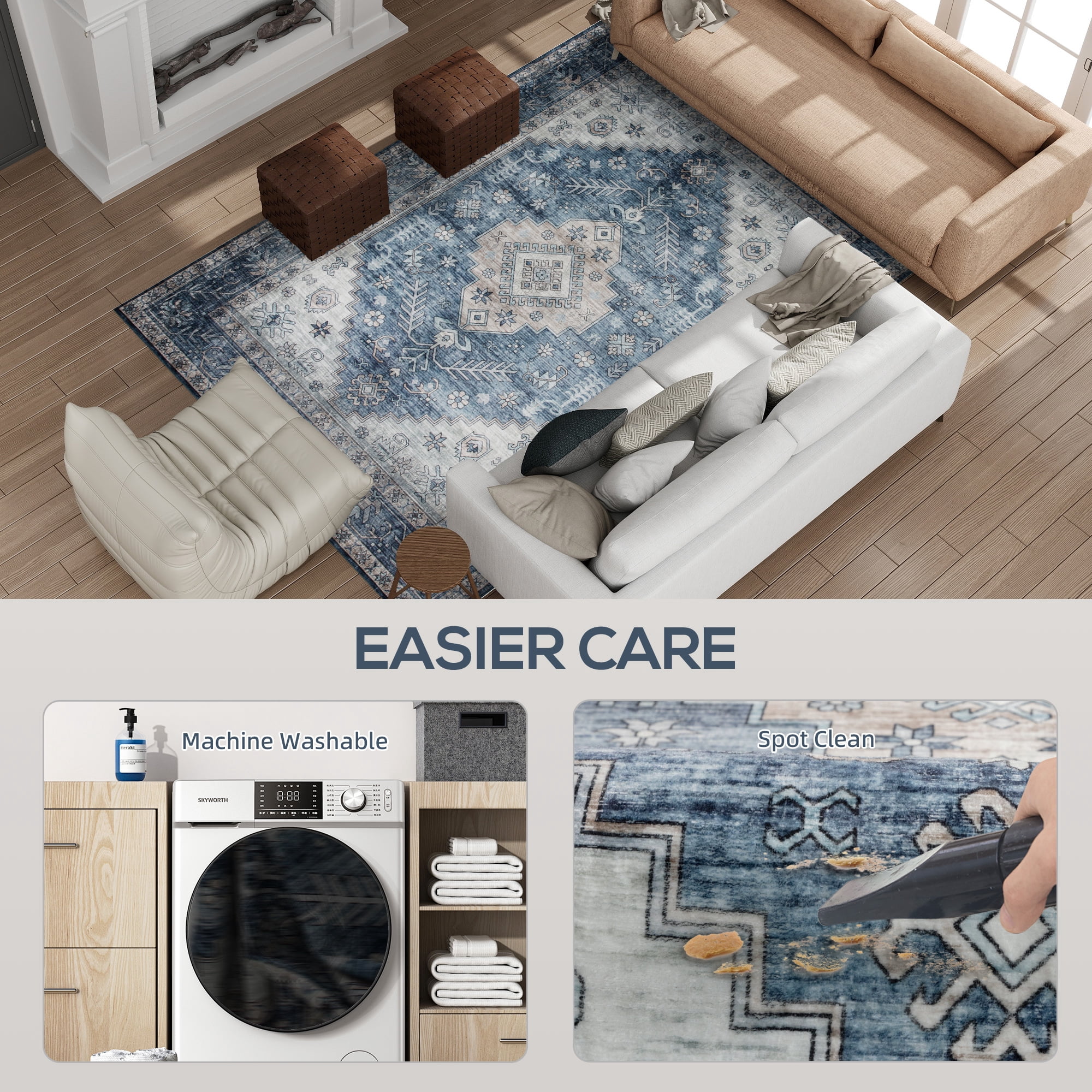HOMCOM 5x7 Area Rug, Vintage Machine Washable Rug for Living Room, Blue