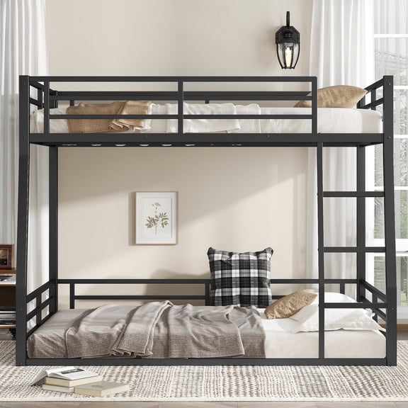 Space-Saving Metal Bunk Bed Full XL over Queen for Teens and Adults, Noise Reduced No Box Spring Needed Black
